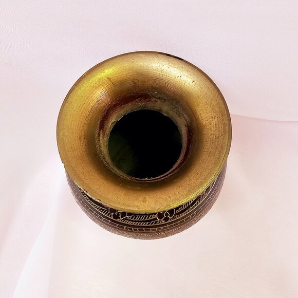Vintage Etched Brass Vase with Black & Gold Floral Design, Nakkashi Engraving - Picture 3 of 6